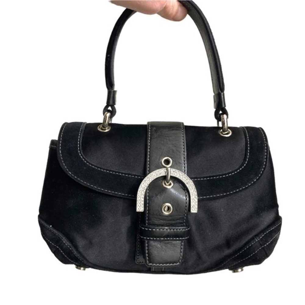 Coach rare black sateen and suede mini top handle satchel purse bag rhinestone